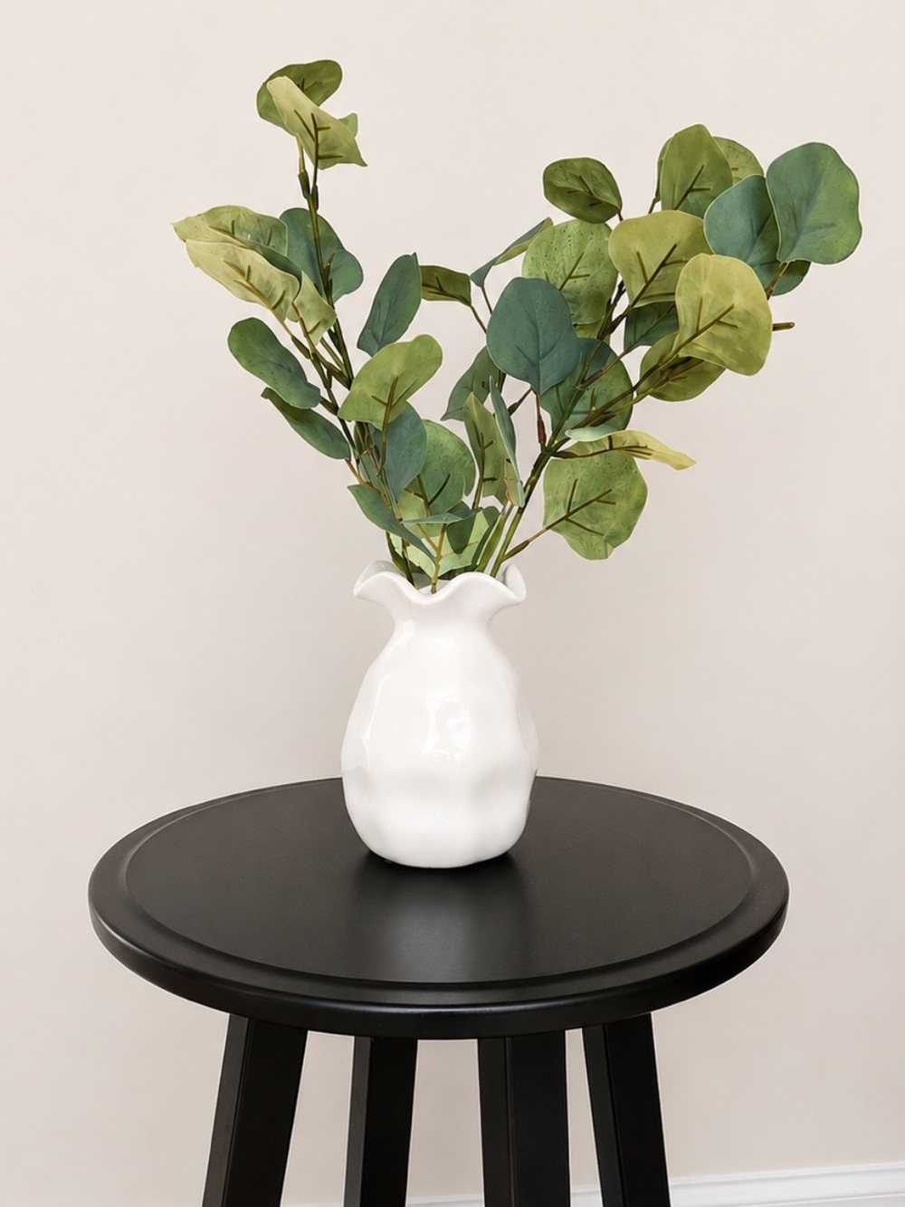 White Ceramic Ruffle Vase with Faux Eucalyptus Arrangement | Modern Home Decor